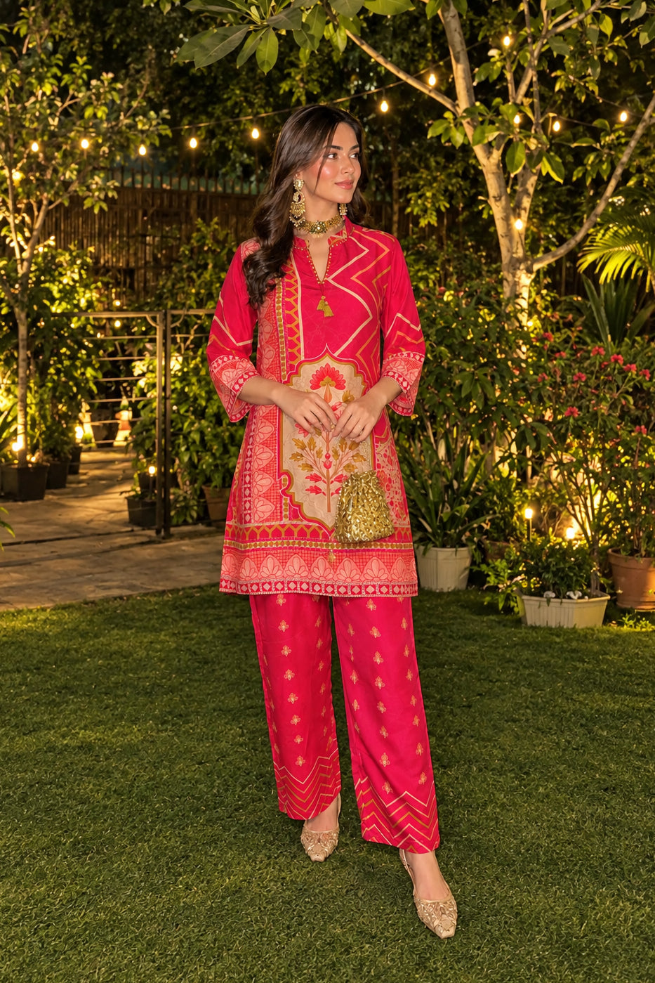 Fuchsia Pink Printed Crepe Silk Co-Ord Set