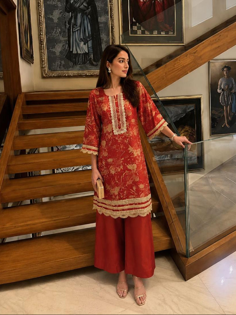Rust Red Embellished Crepe Silk Co-Ord Set