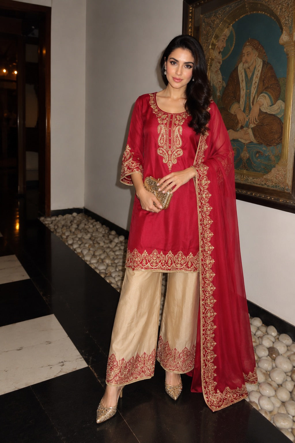 Regal Crimson Embellished Mul Chanderi Silk Suit Set