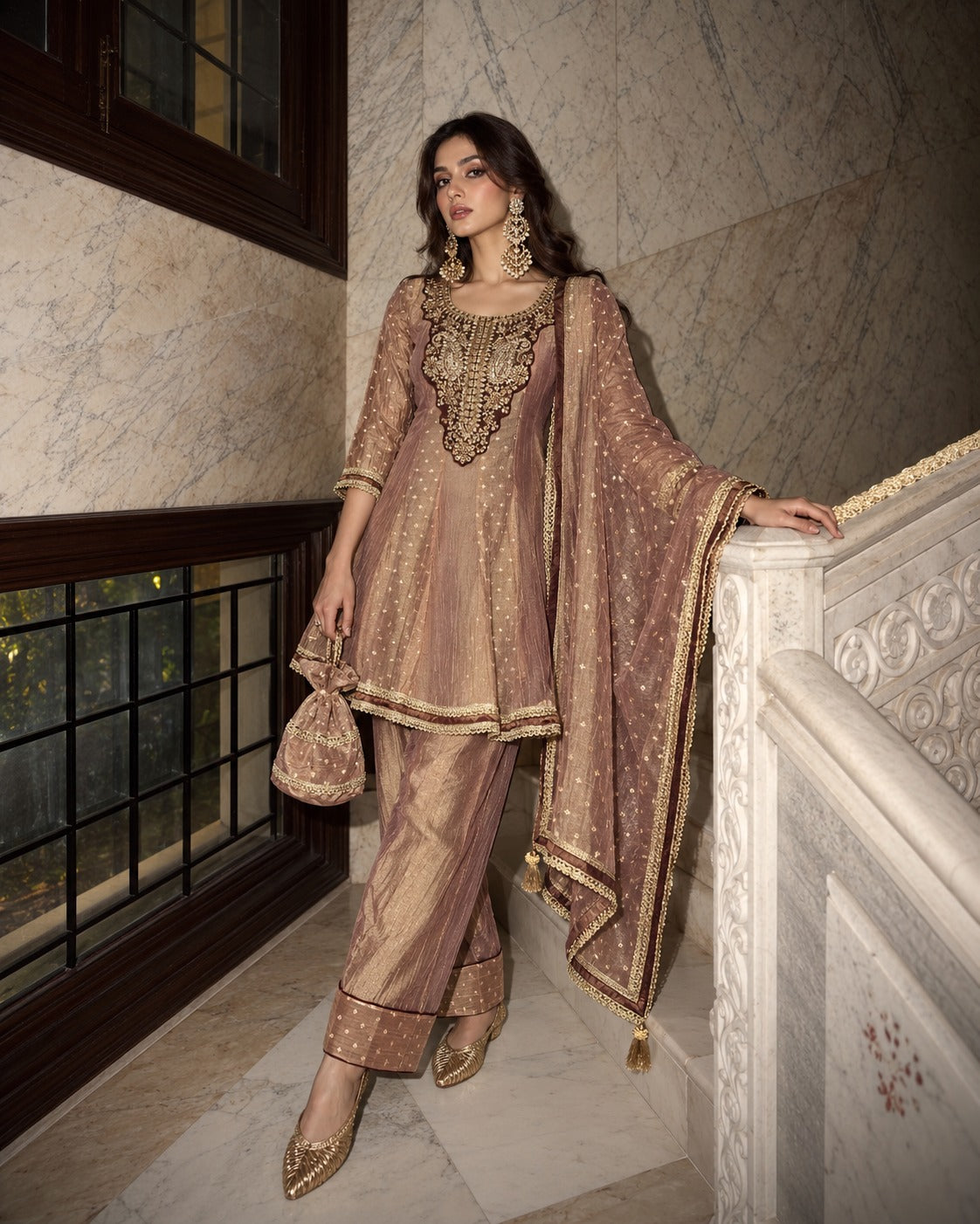 Bronze Mauve Embellished Tissue Silk Anarkali Set
