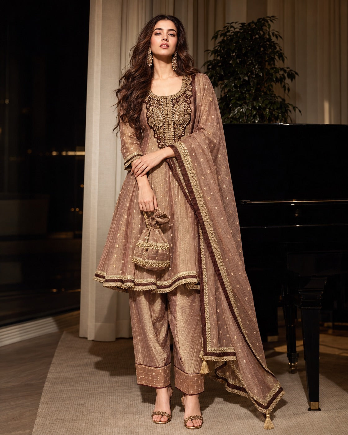 Bronze Mauve Embellished Tissue Silk Anarkali Set