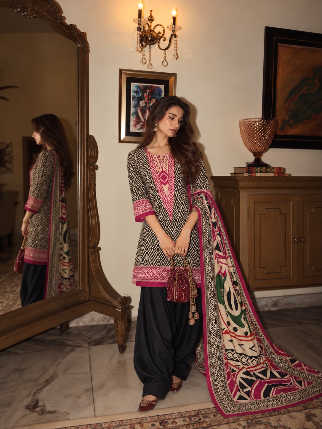 Charcoal Black Embellished Crepe Silk Salwar Set