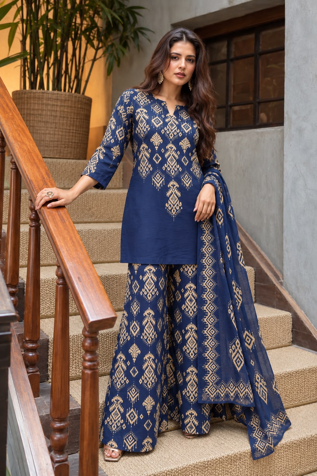 Navy Blue Embellished Cotton Palazzo Set