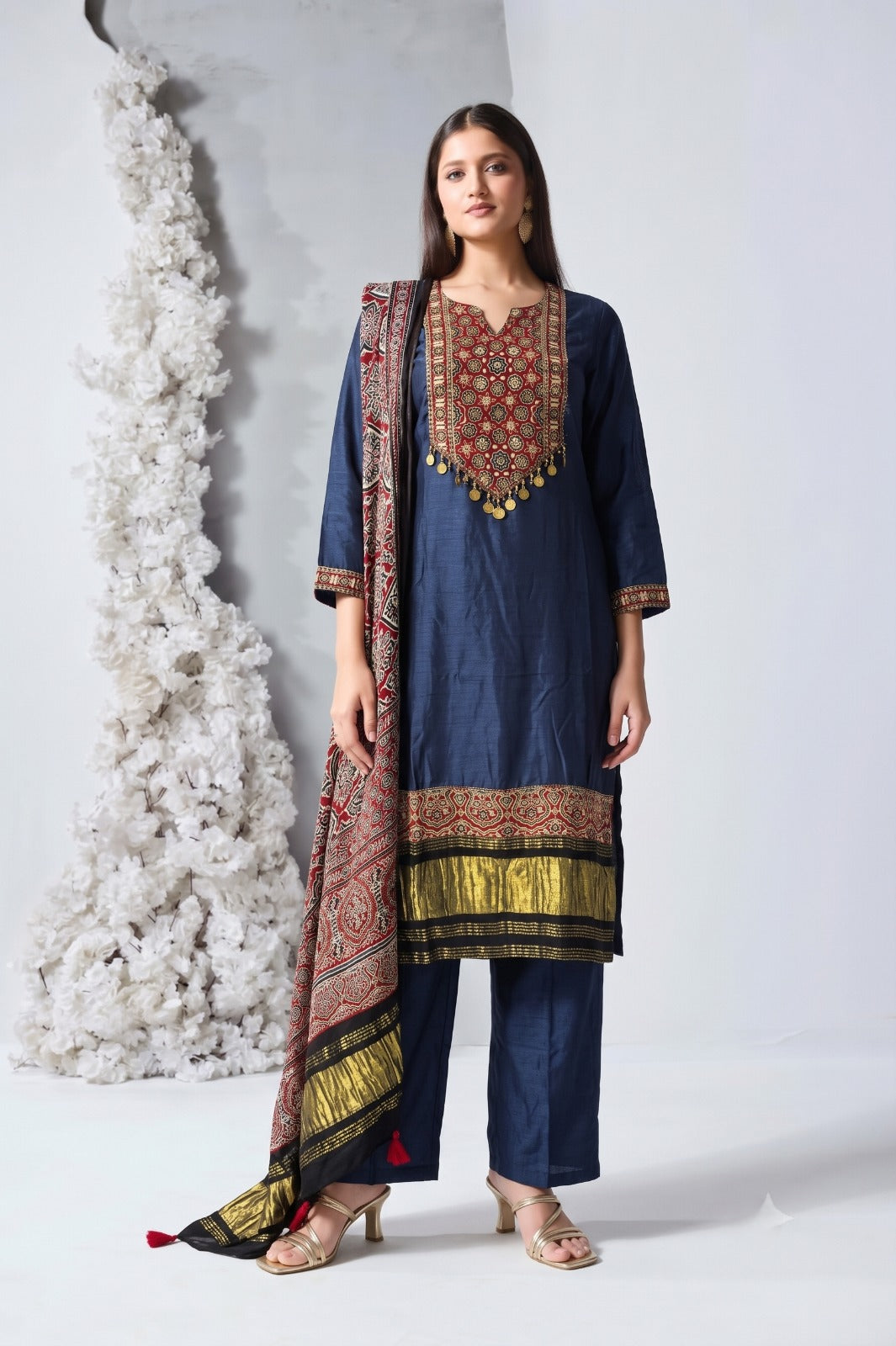 Navy Blue Embellished Raw Silk Pant Set