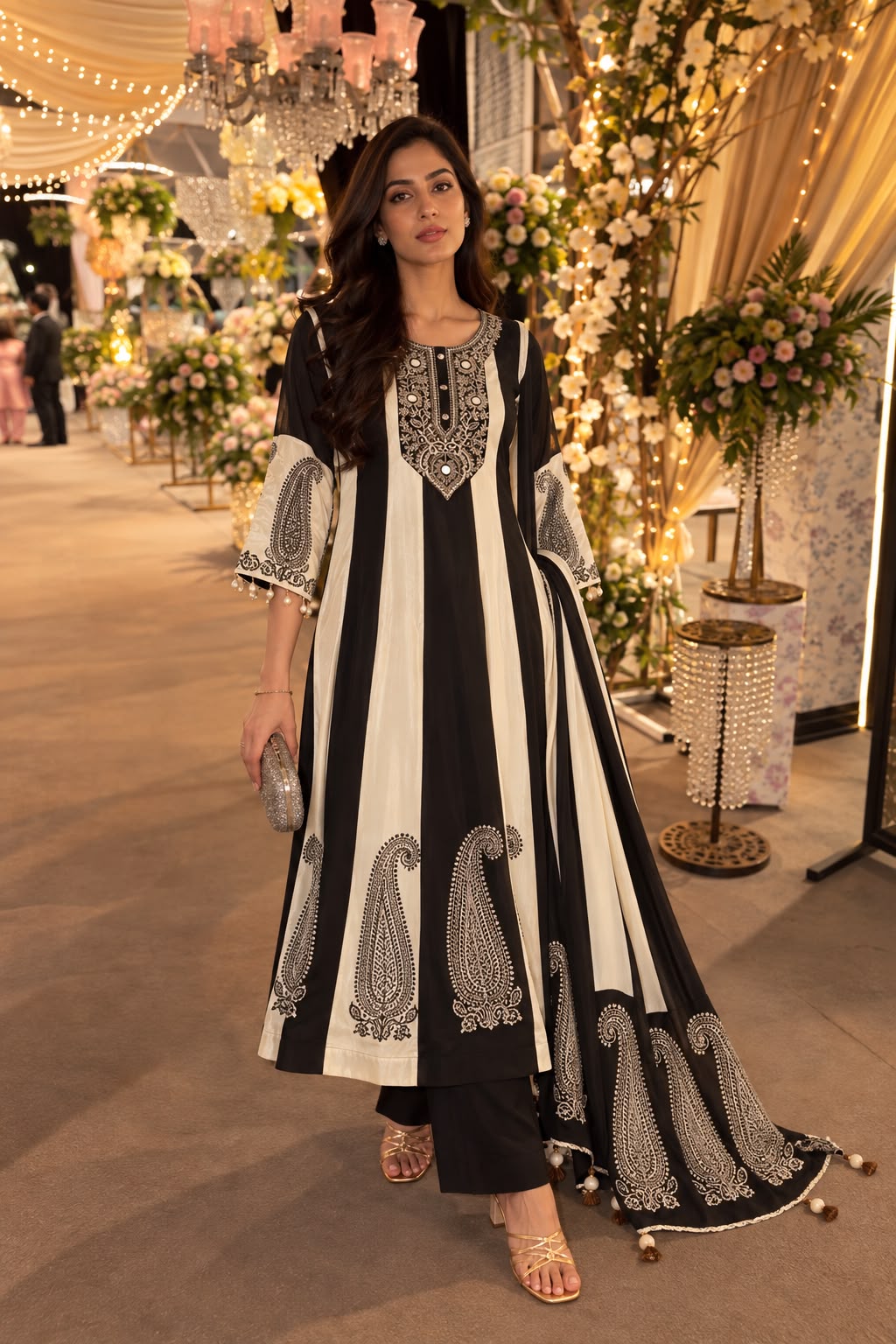 Royal Black & Off-White Ivory Embellished Crepe Silk Anarkali Set