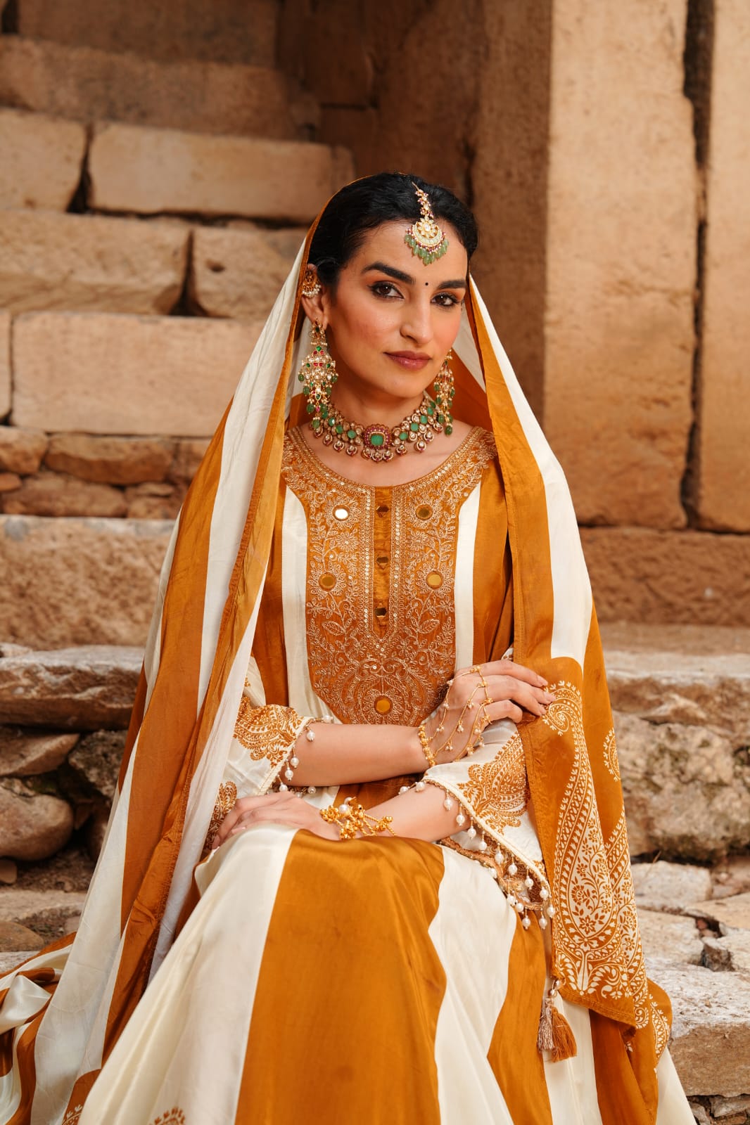 Mustard Yellow & Ivory Embellished Crepe Silk Anarkali Set
