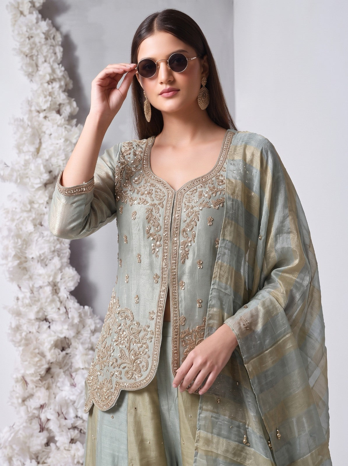 Powder Blue Embellished Shimmer Silk Palazzo Set