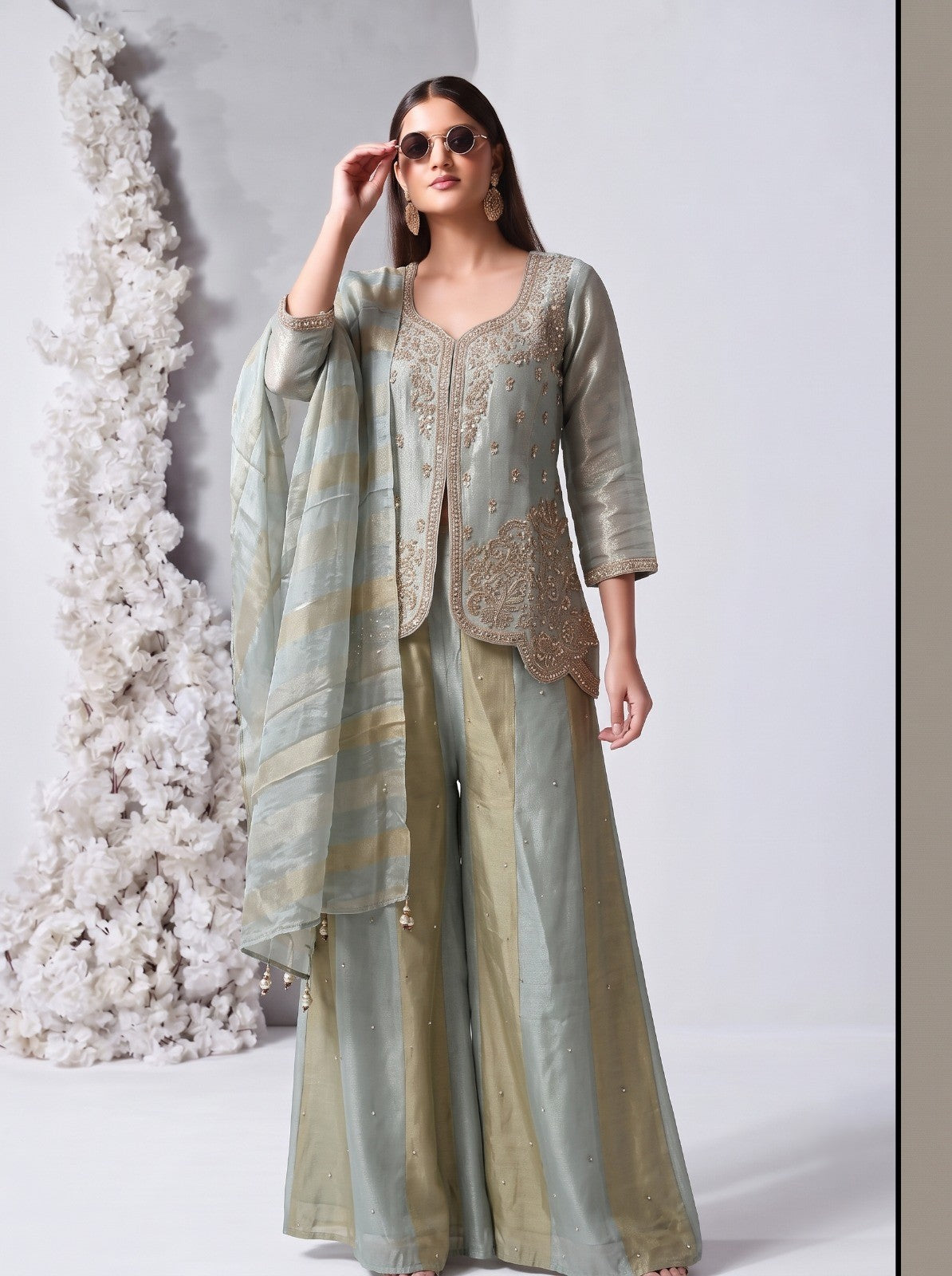 Powder Blue Embellished Shimmer Silk Palazzo Set