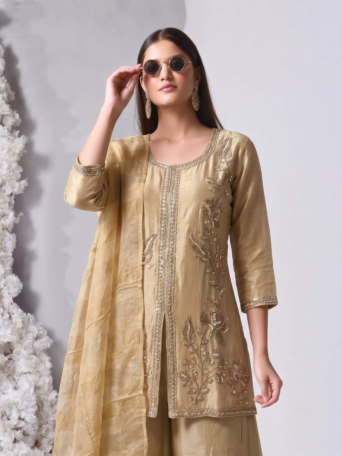 Champagne Gold Embellished Shimmer Silk Palazzo Set