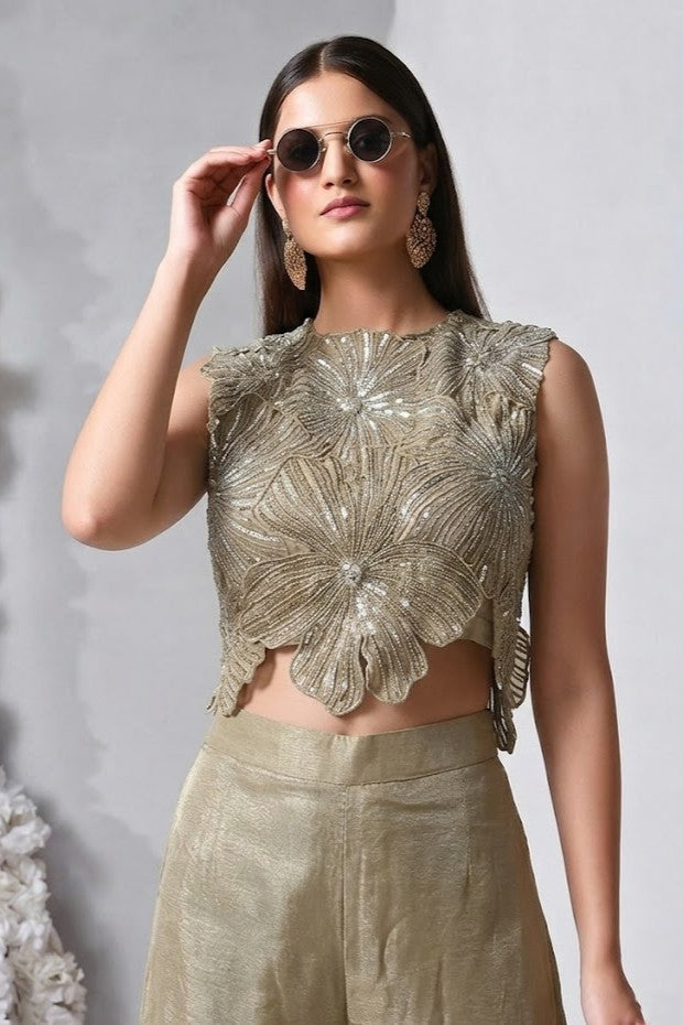 Mist Greige Embellished Shimmer Silk Palazzo Set