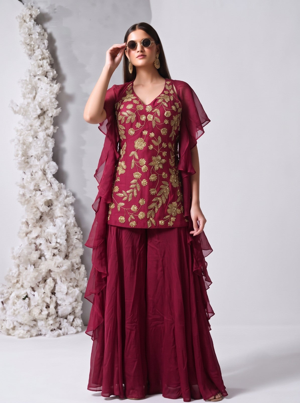 Deep Maroon Embellished Chinon Silk Palazzo Set