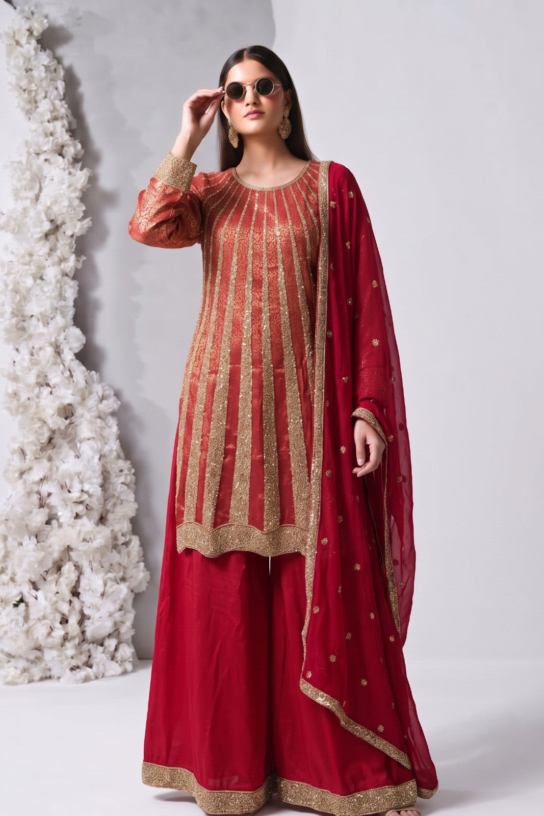 Fuchsia Pink Embellished Brocade Silk Palazzo Set