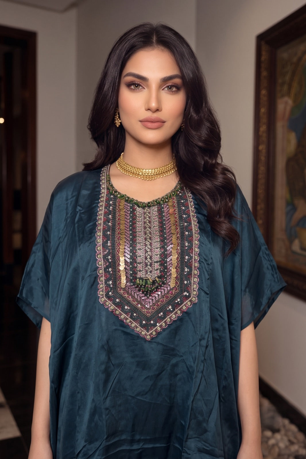Peacock Blue Embellished Crepe Silk Kaftan Set