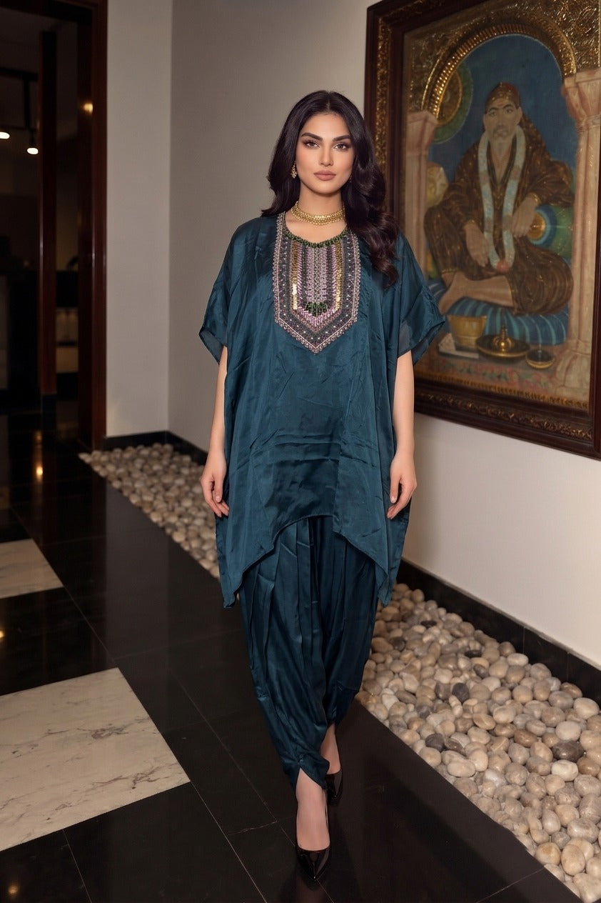 Peacock Blue Embellished Crepe Silk Kaftan Set