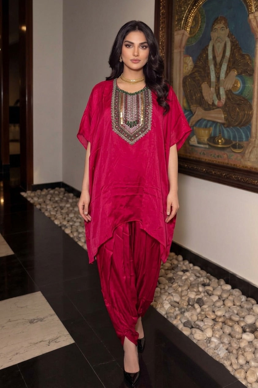 Hot Pink Embellished Crepe Silk Kaftan Set