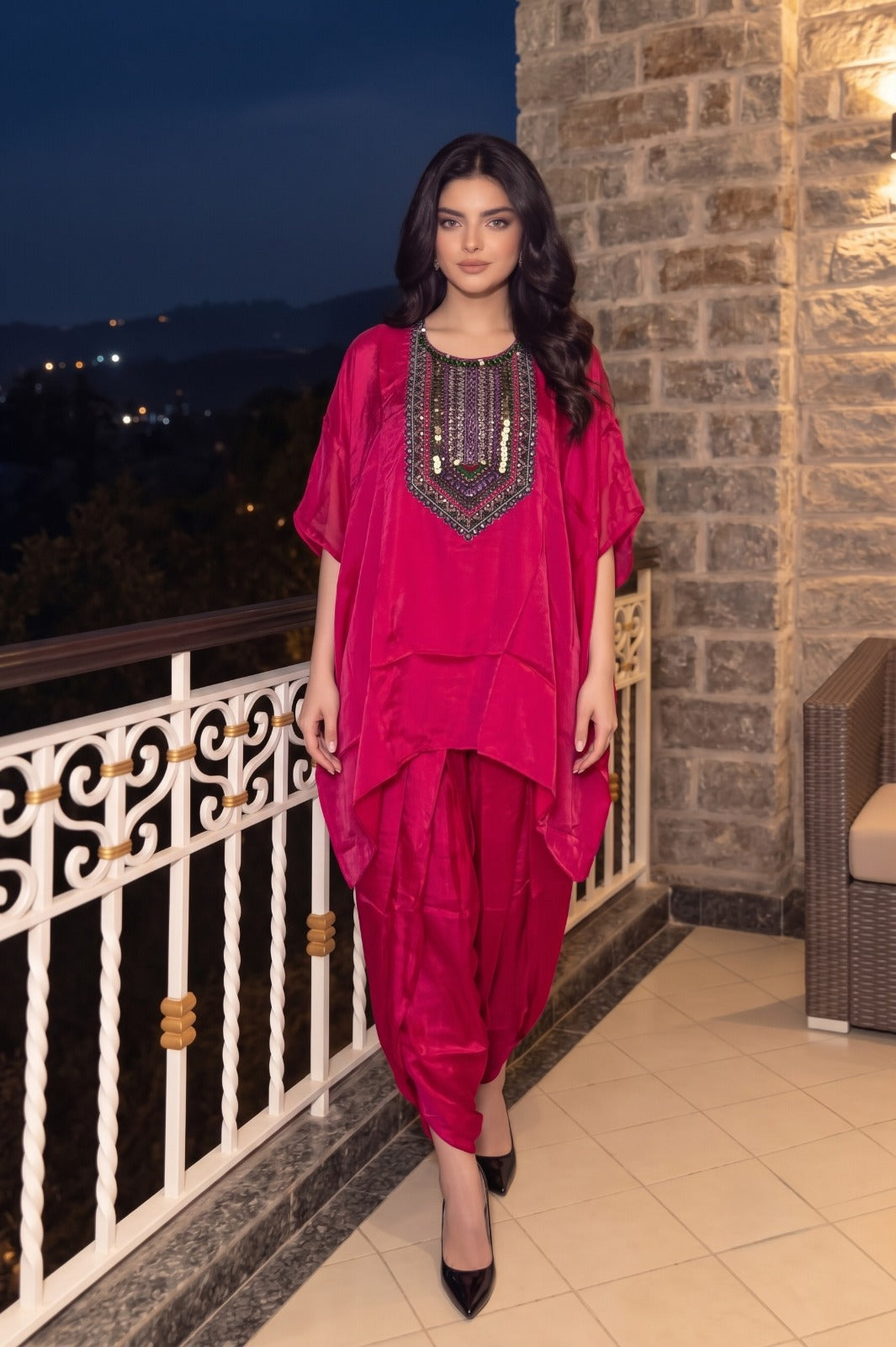 Rani Pink Embellished Crepe Silk Kaftan Set