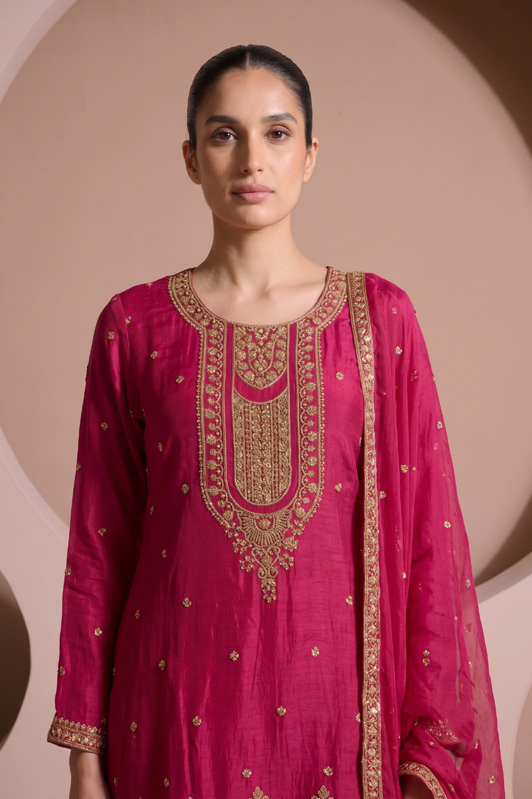 Magenta Embellished Crepe Silk Palazzo Set