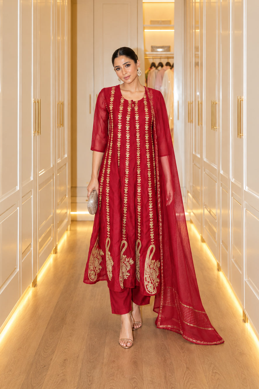 Blood Red Embellished Mul Chanderi Silk Anarkali Set