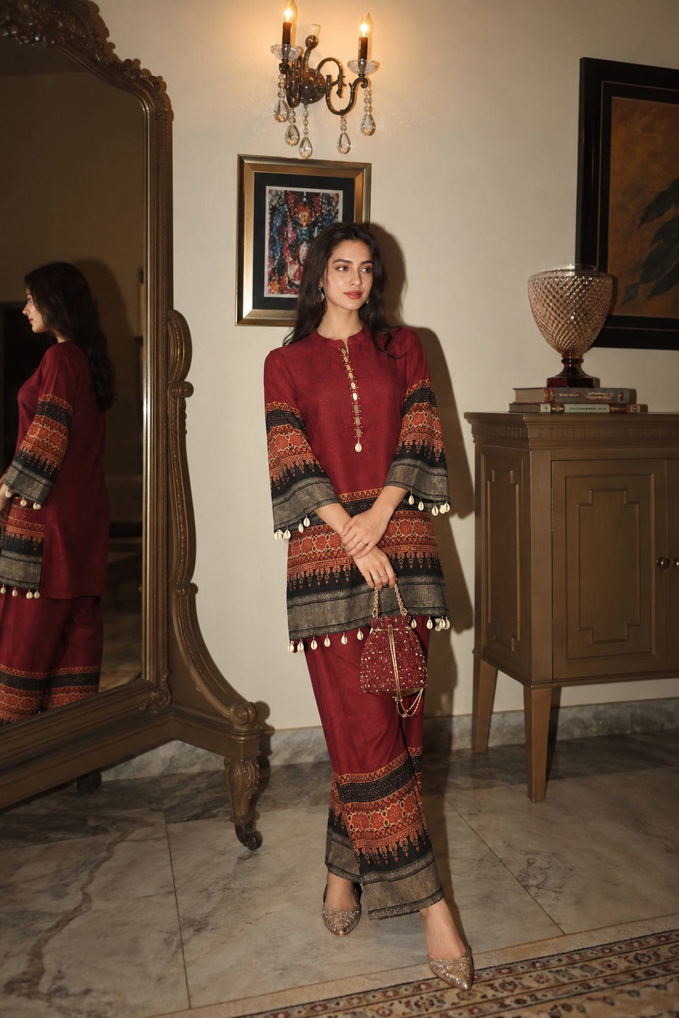 Maroon Deep Embellished Gajji Silk Co-Ord Set