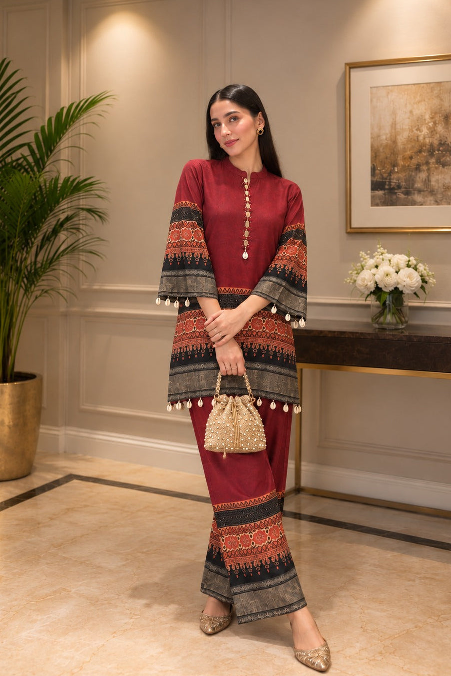 Maroon Deep Embellished Gajji Silk Co-Ord Set