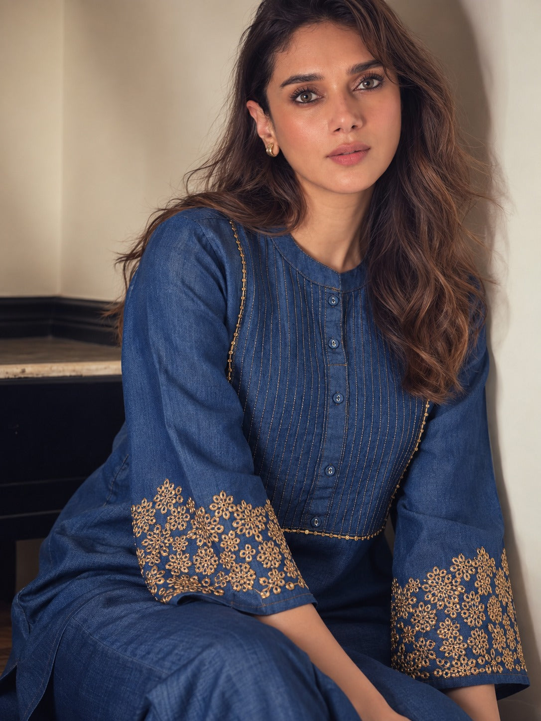 Royal Blue Denim Embroidered Kurta Set