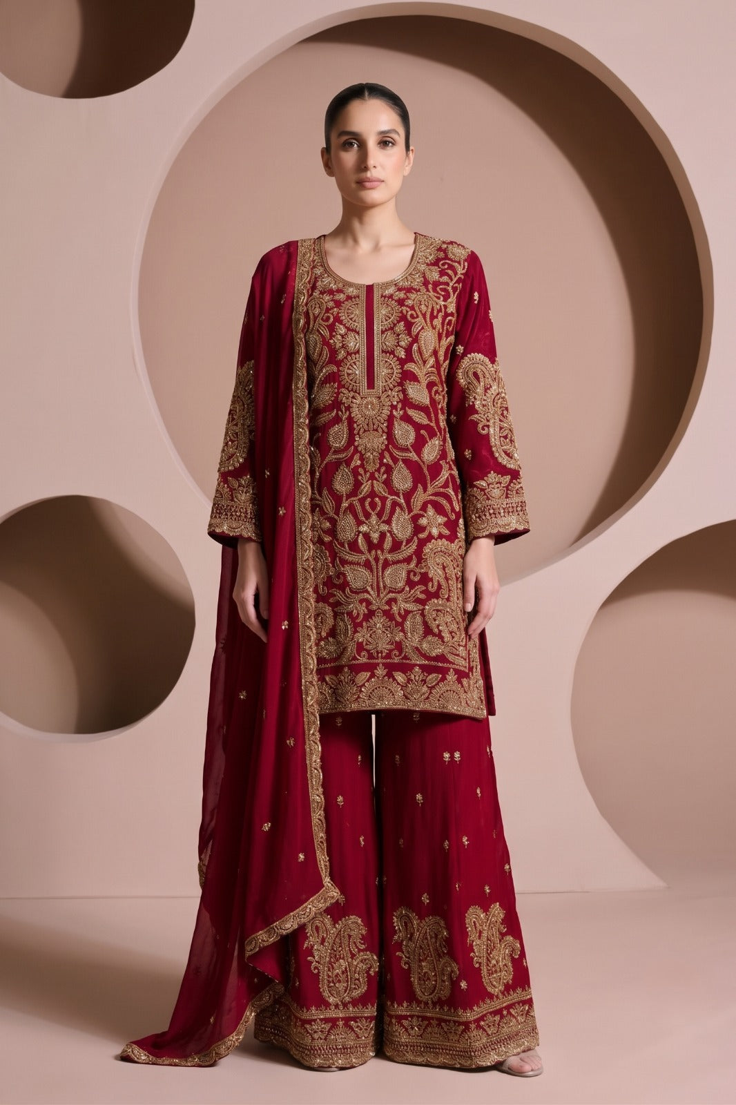 Deep Magenta Maroon Embellished Chinon Silk Palazzo Set