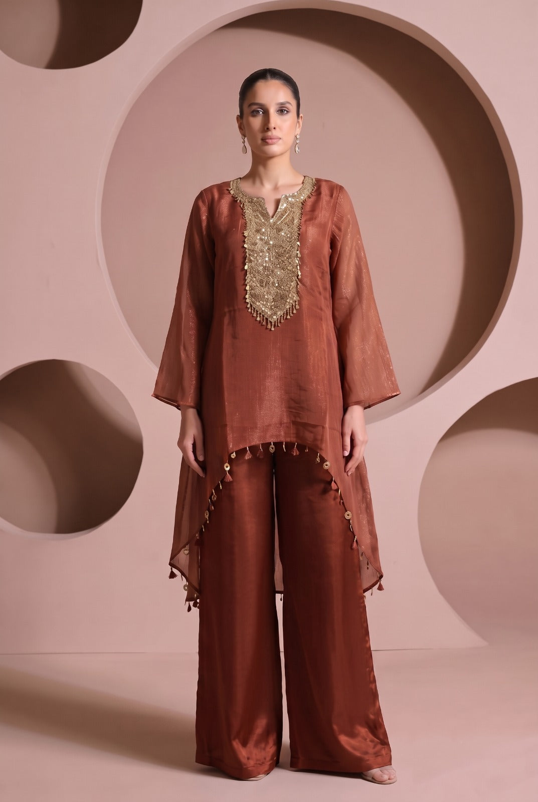 Rust Copper Embellished Tissue Silk Co-Ord Set