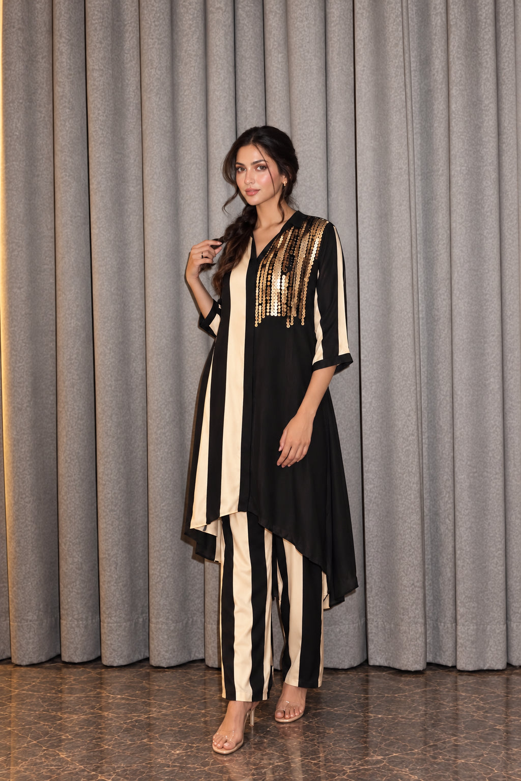 Noir Beige Embellished Pure Crepe Silk Co-Ord Set