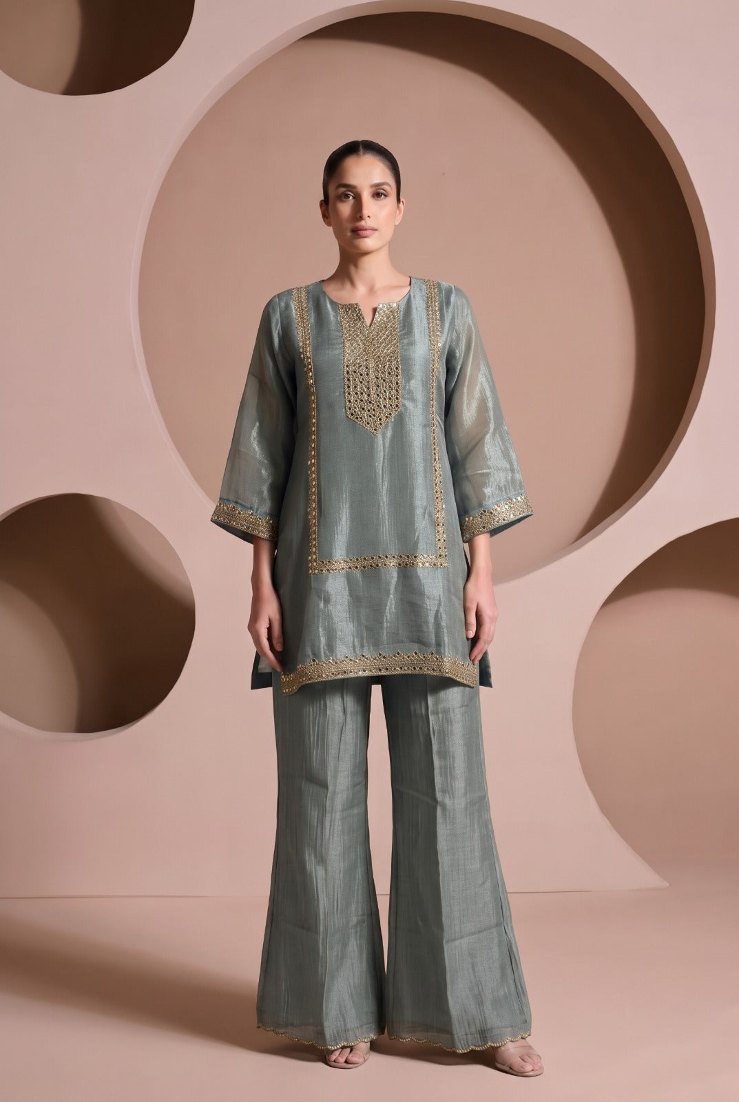 Dusty Blue Embellished Tissue Silk Palazzo Set