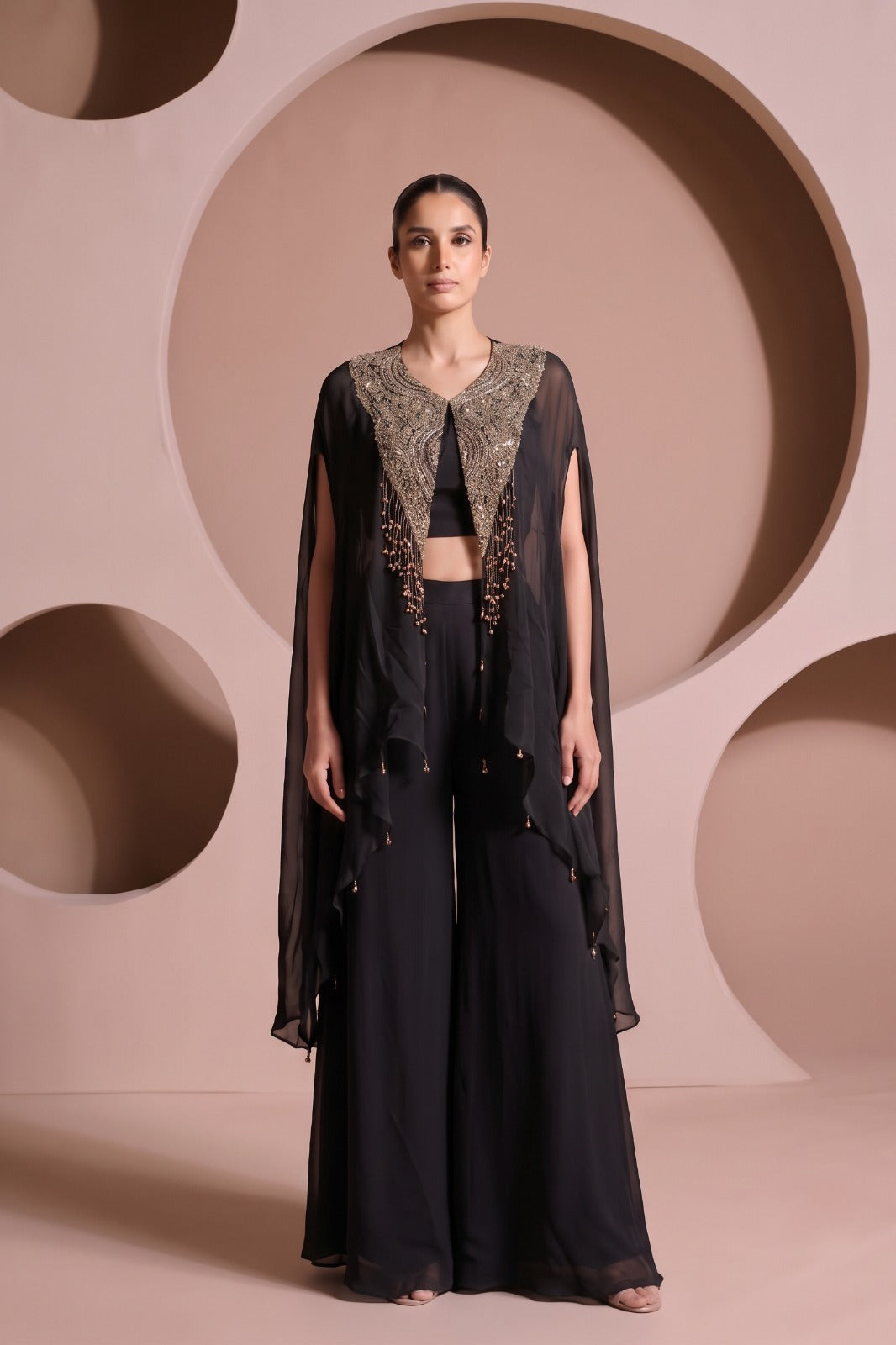 Rich Black Embellished Chinon Silk Palazzo Set