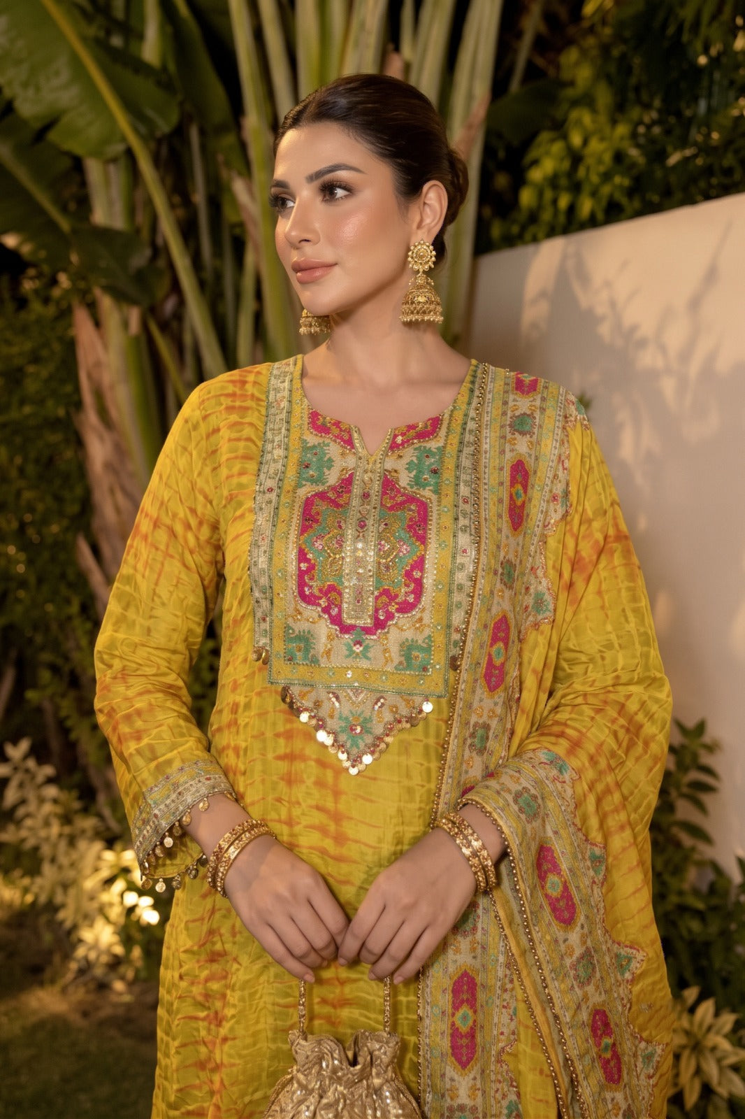 Mustard Yellow Printed Crepe Silk Palazzo Set