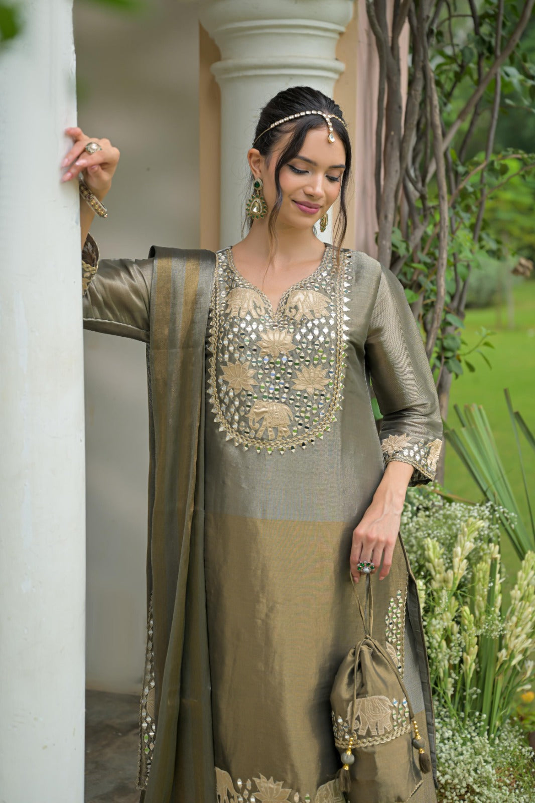 Antique Bronze Embellished Shimmer Silk Palazzo Set