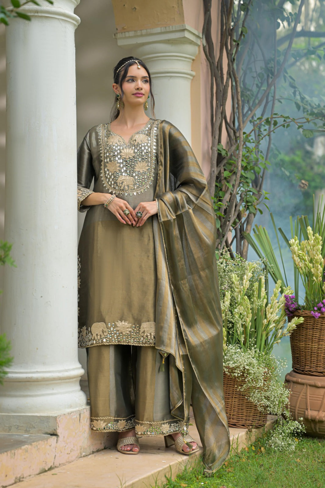Antique Bronze Embellished Shimmer Silk Palazzo Set