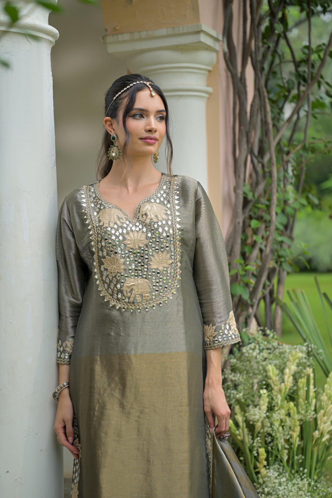 Antique Bronze Embellished Shimmer Silk Palazzo Set