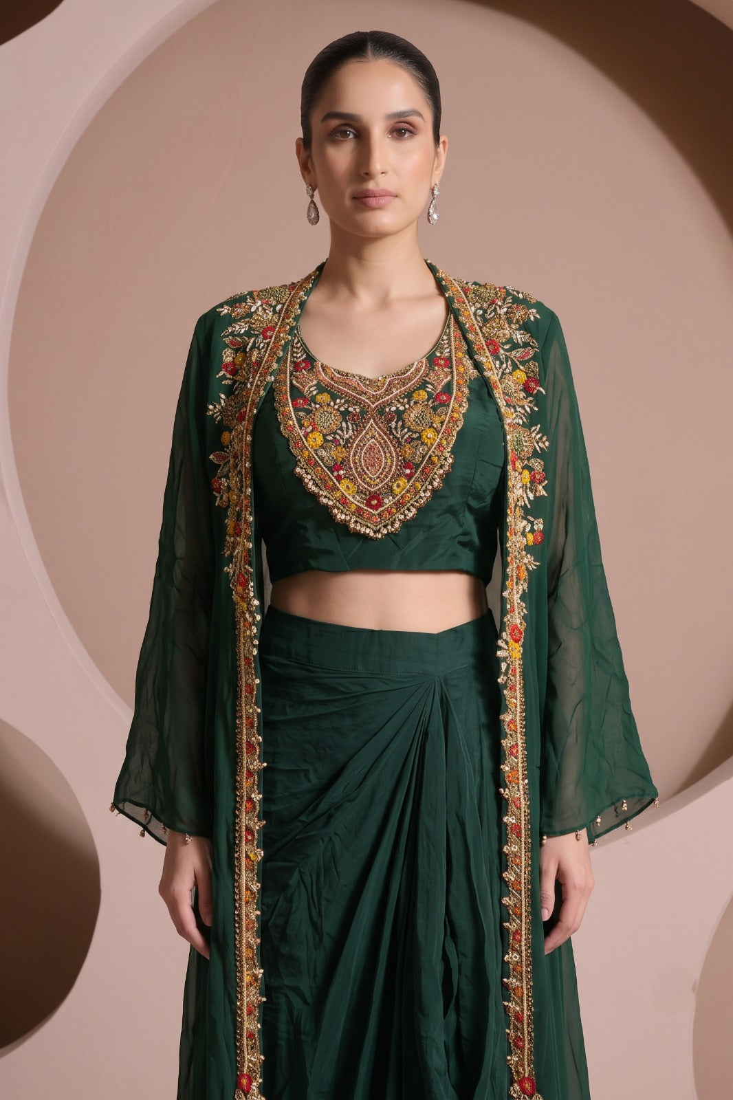 Royal Green Embellished Crepe Silk Skirt Set