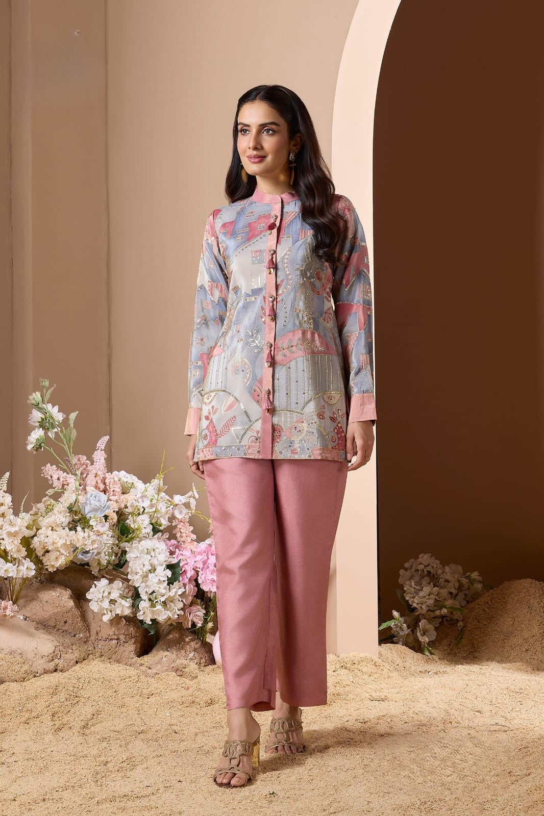 Pastel Multicolor Embellished Shimmer Silk Co-Ord Set