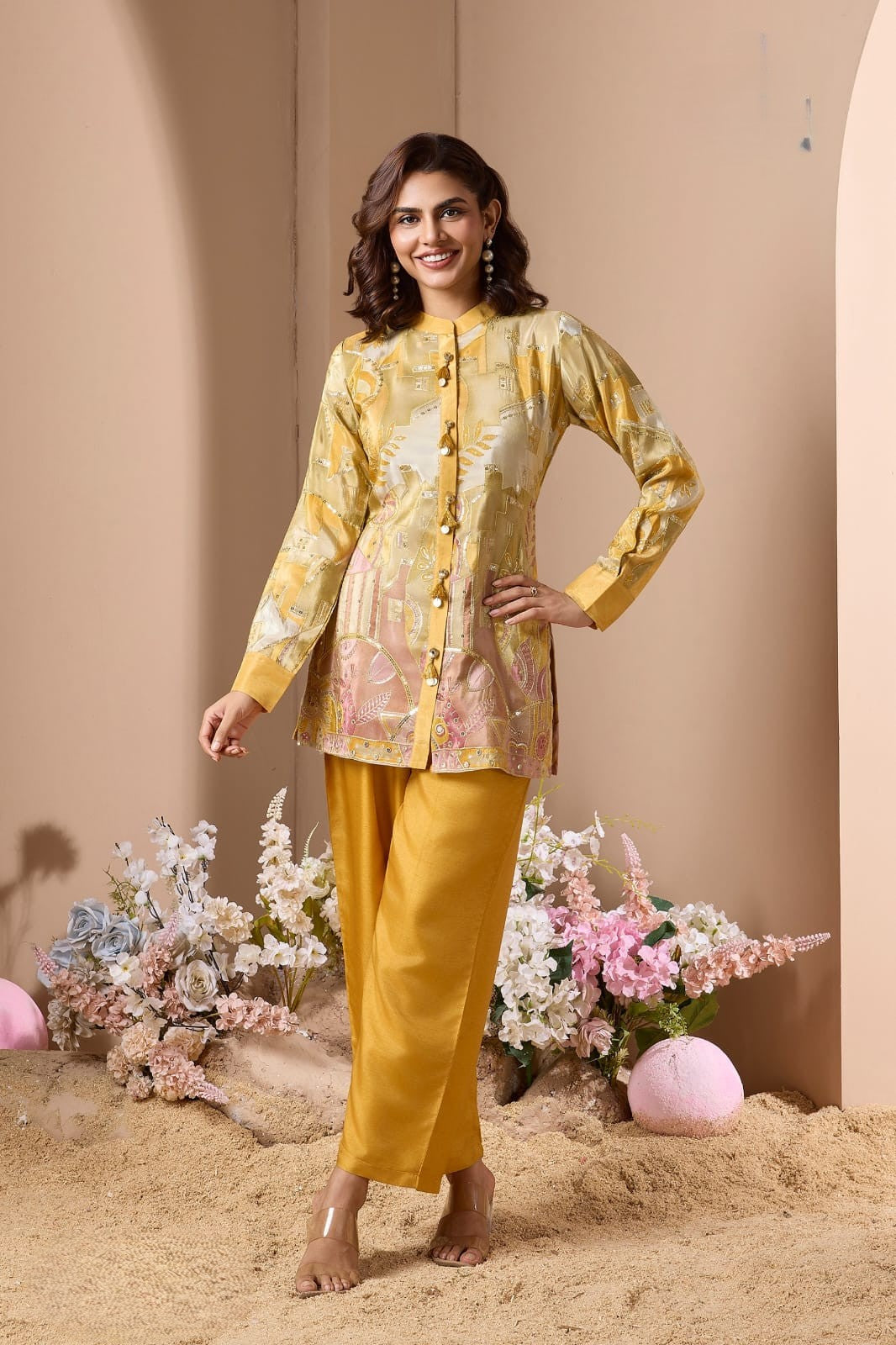 Vibrant Yellow Embellished Shimmer Silk Co-Ord Set