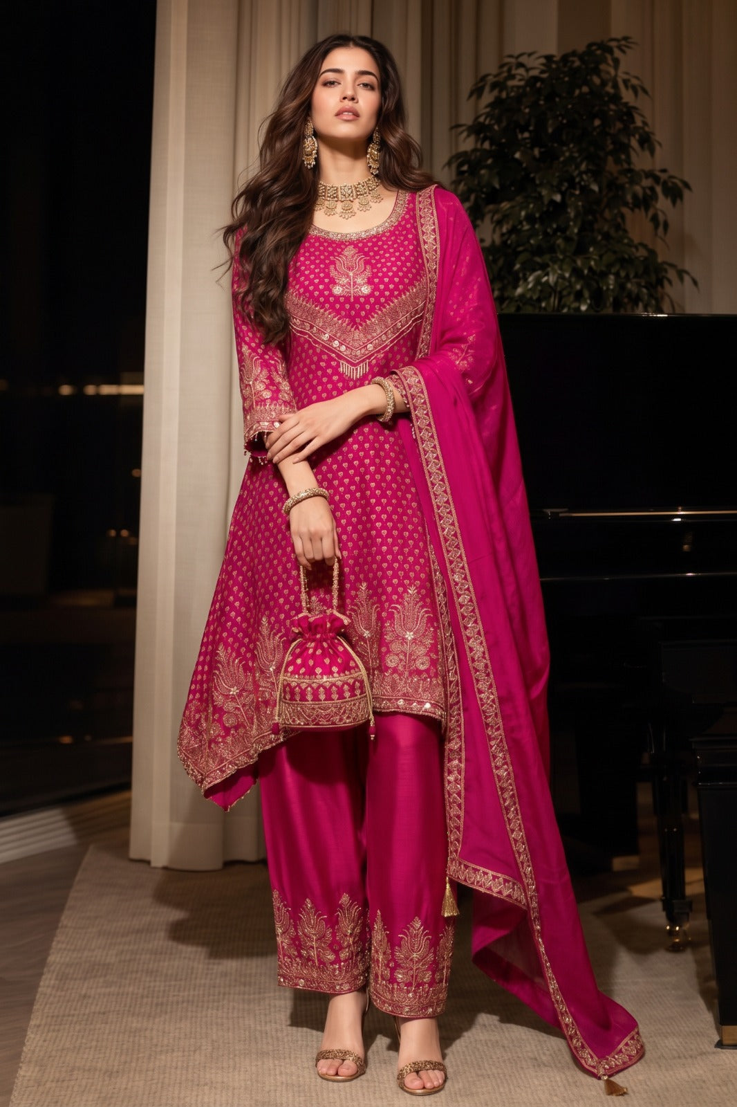 Magenta Pink Printed Crepe Silk Palazzo Set