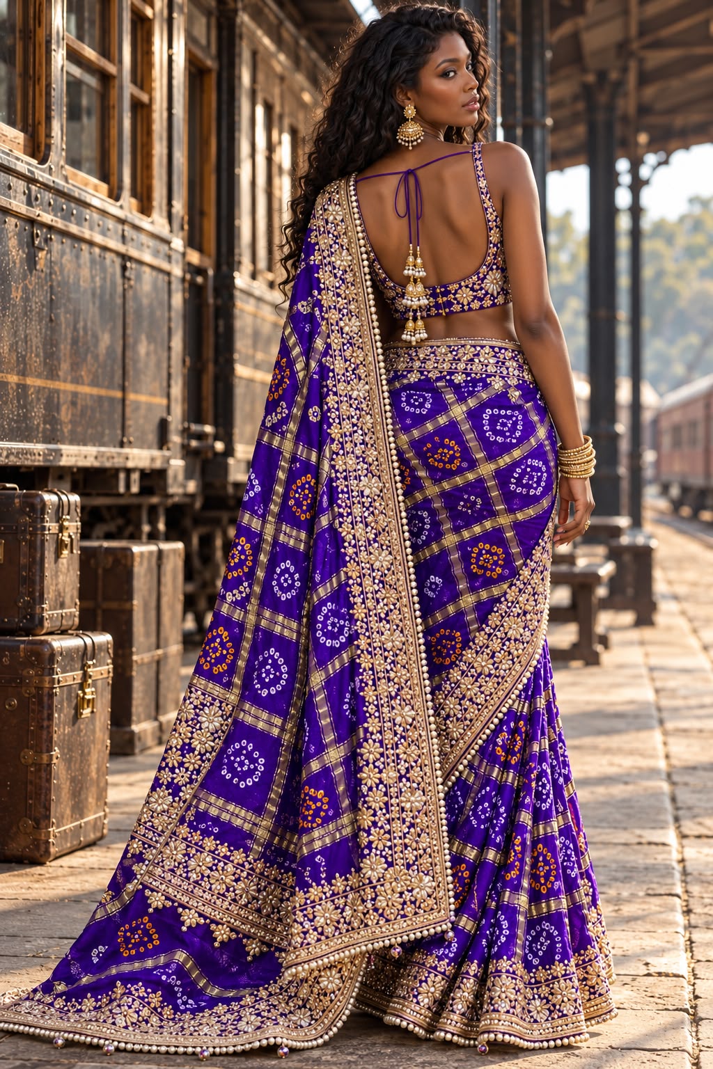 Royal Purple Embroidered Bandhej & Zari Saree