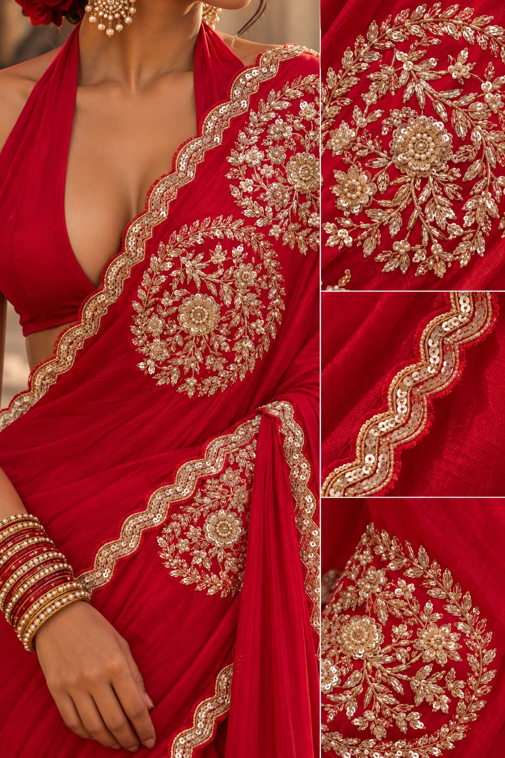 Red Floral Medallion Embroidered Crepe Silk Saree