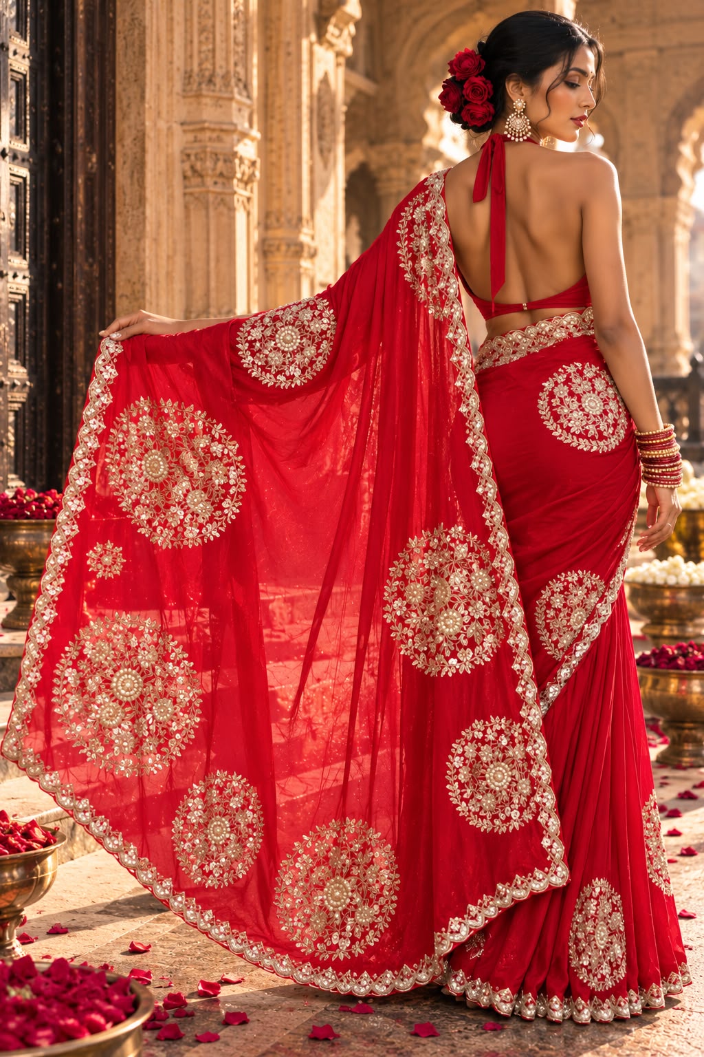 Red Floral Medallion Embroidered Crepe Silk Saree