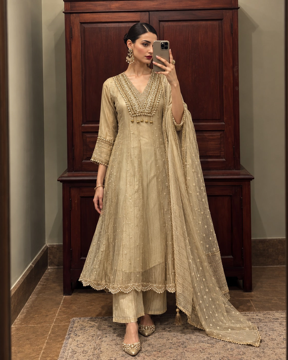 Metallic Beige Embellished Shimmer Tissue Silk Anarkali Set