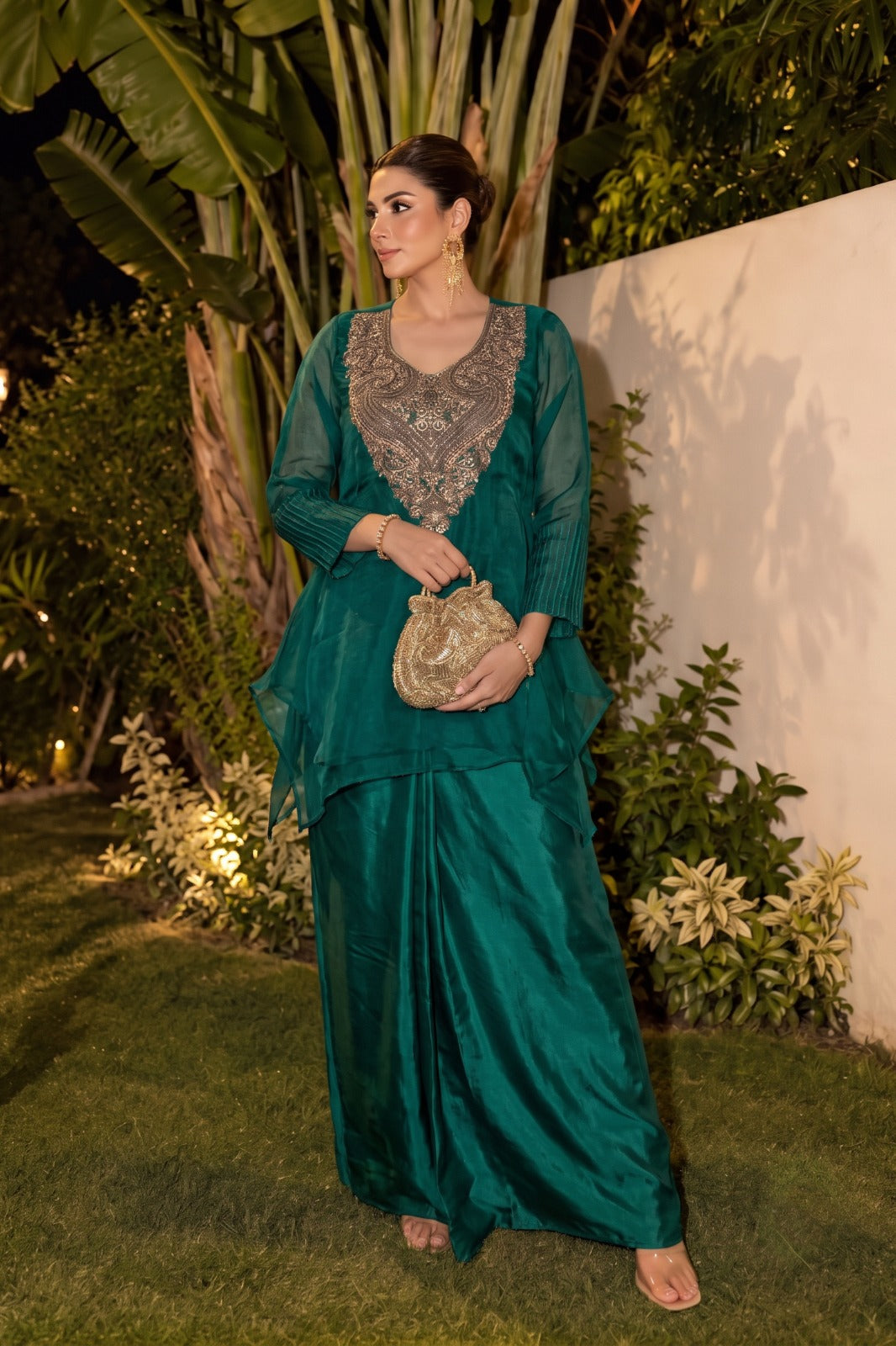 Emerald Green Embellished Organza Silk Skirt Set