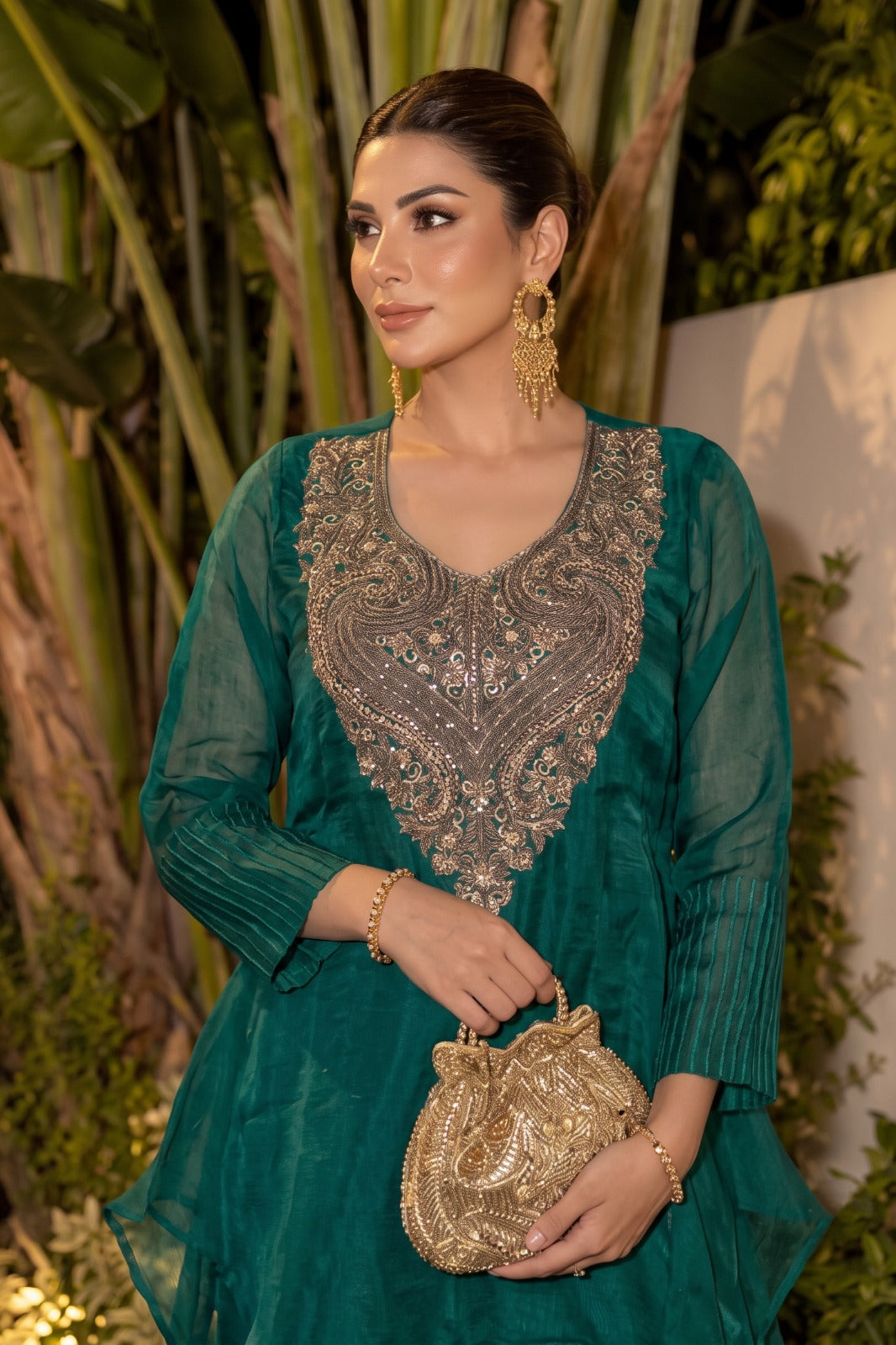 Emerald Green Embellished Organza Silk Skirt Set