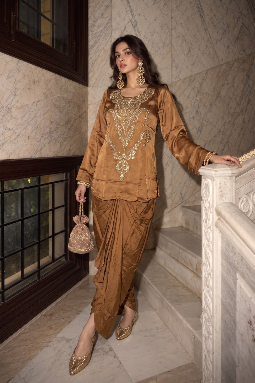 Caramel Brown Embellished Crepe Satin Silk Skirt Set
