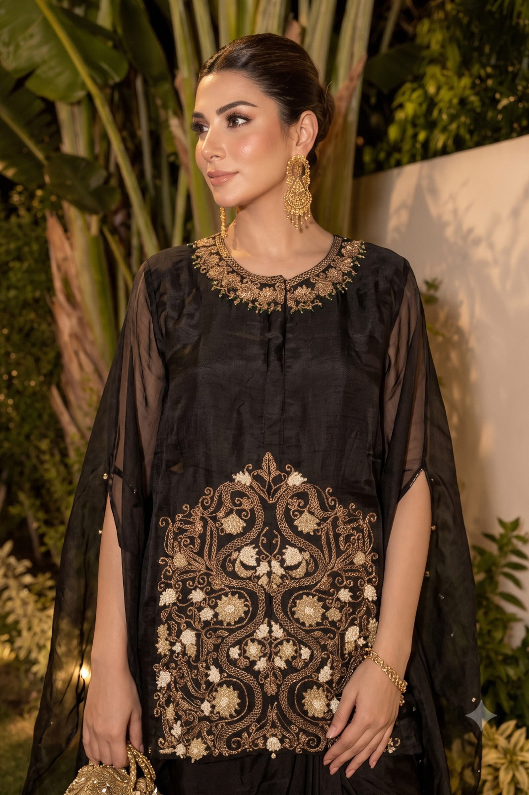 Charcoal Black Embellished Organza Silk Kaftan Set