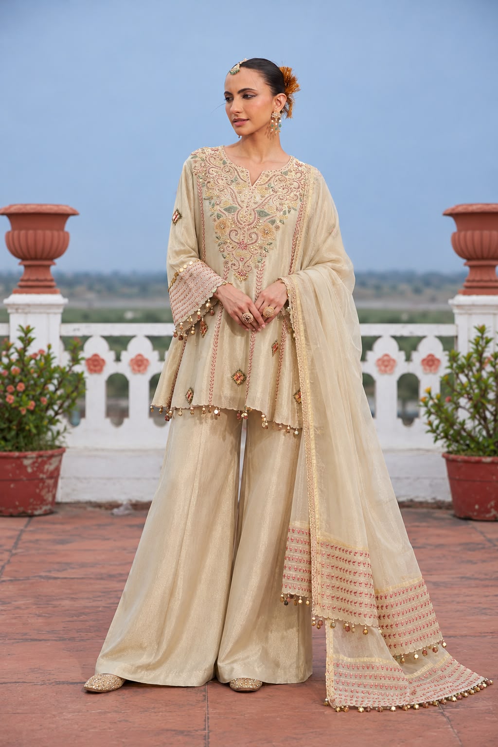 Mettalic Beige Embellished Tissue Silk Pant Set