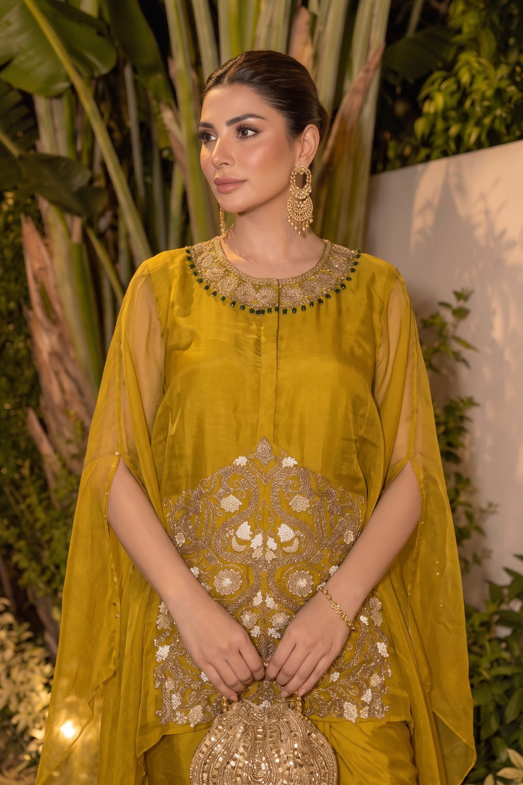 Mustard Yellow Embellished Organza Silk Kaftan Set