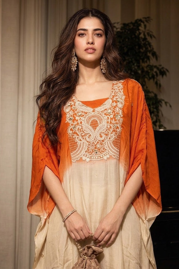 Bright Orange Embellished Chinon Silk Kaftan Set
