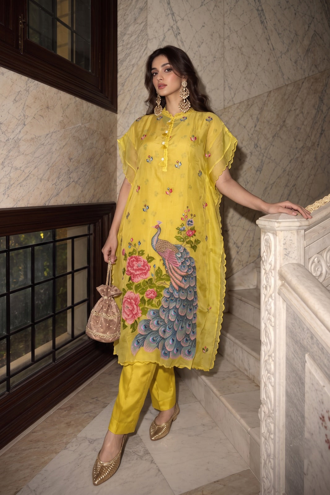 Sunshine Yellow Embellished Tissue Silk Kaftan Set